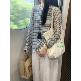 韩系条纹纯棉长袖T恤女春秋内搭打底衫宽松松弛感慵懒风上衣