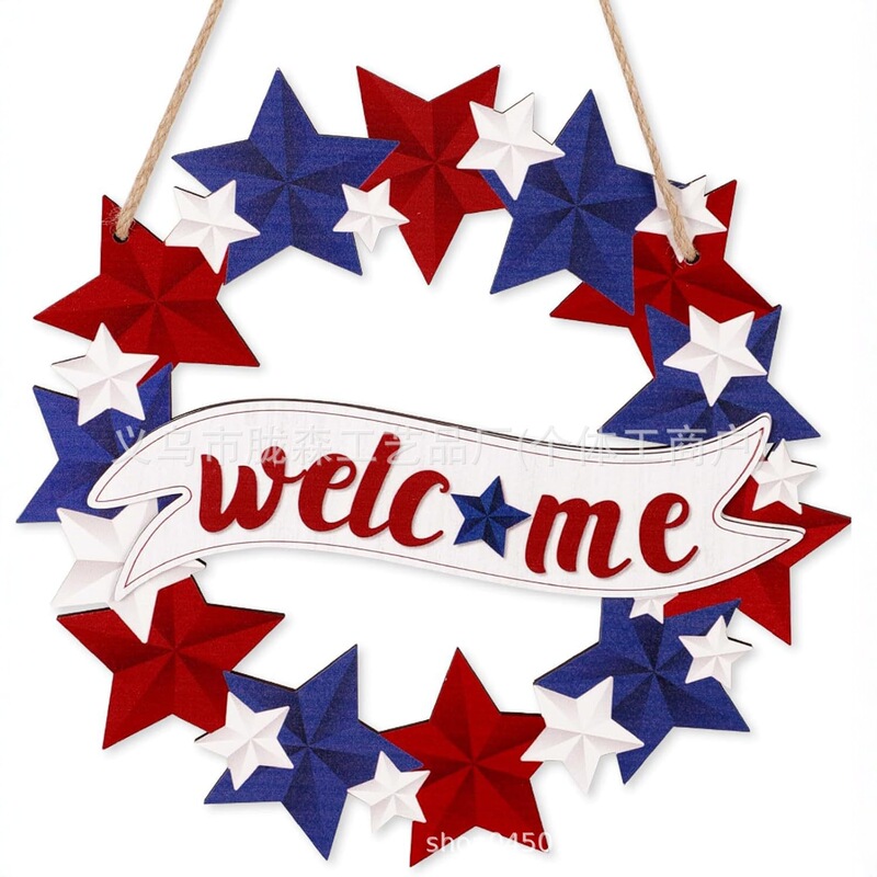 Cross-Border Independence Day Wooden Front Door Welcome Star Wreath Round Wooden Sign Independence Day Patriotic Door Sign Hanging Decoration