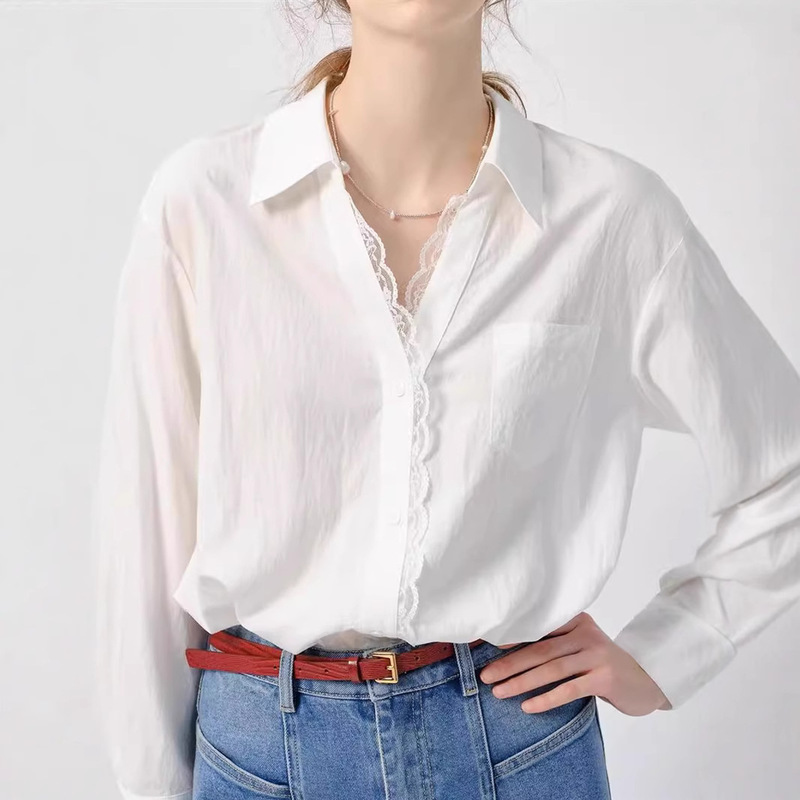 White Shirt Women's Long-Sleeved 2025 Spring and Summer New Style European Style Lace Loose Shirt Women's Tops