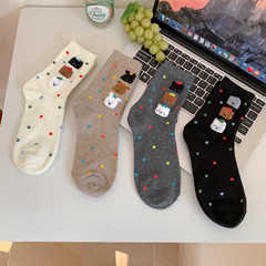 韓國東大門三隻熊植絨彩色點子紗中筒襪日系小動物純棉襪子女春秋