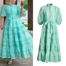 欧美跨境女装2025冬季新款高级感灯笼袖水溶刺绣绑带连衣裙修身女