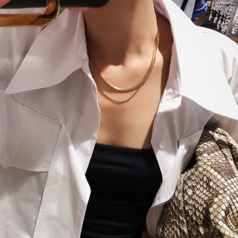 镀真金欧美法式双层叠带蛇骨项链女简约气质2023新款潮锁骨链