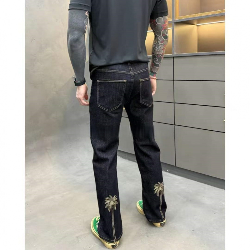 Designer dark blue men's jeans, slim fit, straight leg, coconut tree embroidery, slimming long pants with visible stitching, casual trousers Designer dark blue men's jeans, slim fit, straight leg, coconut tree embroidery, slimming long pants with visible stitching, casual trousers