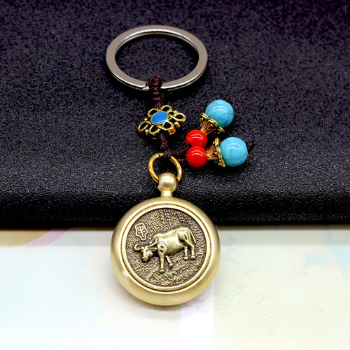 Brass Zodiac Keychain with Rotating Money Earning Handle Charm, Bringing Wealth and Prosperity Car Ornament, Hot Selling on Street Stalls