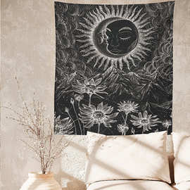 跨境专供 北欧黑白抽象太阳印花挂毯 装饰背景布
