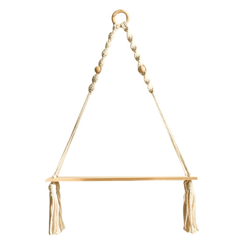 Soporte para macetas de madera con borlas tejidas a mano estilo bohemio, decoración simple para pared de sala de estar u hogar.