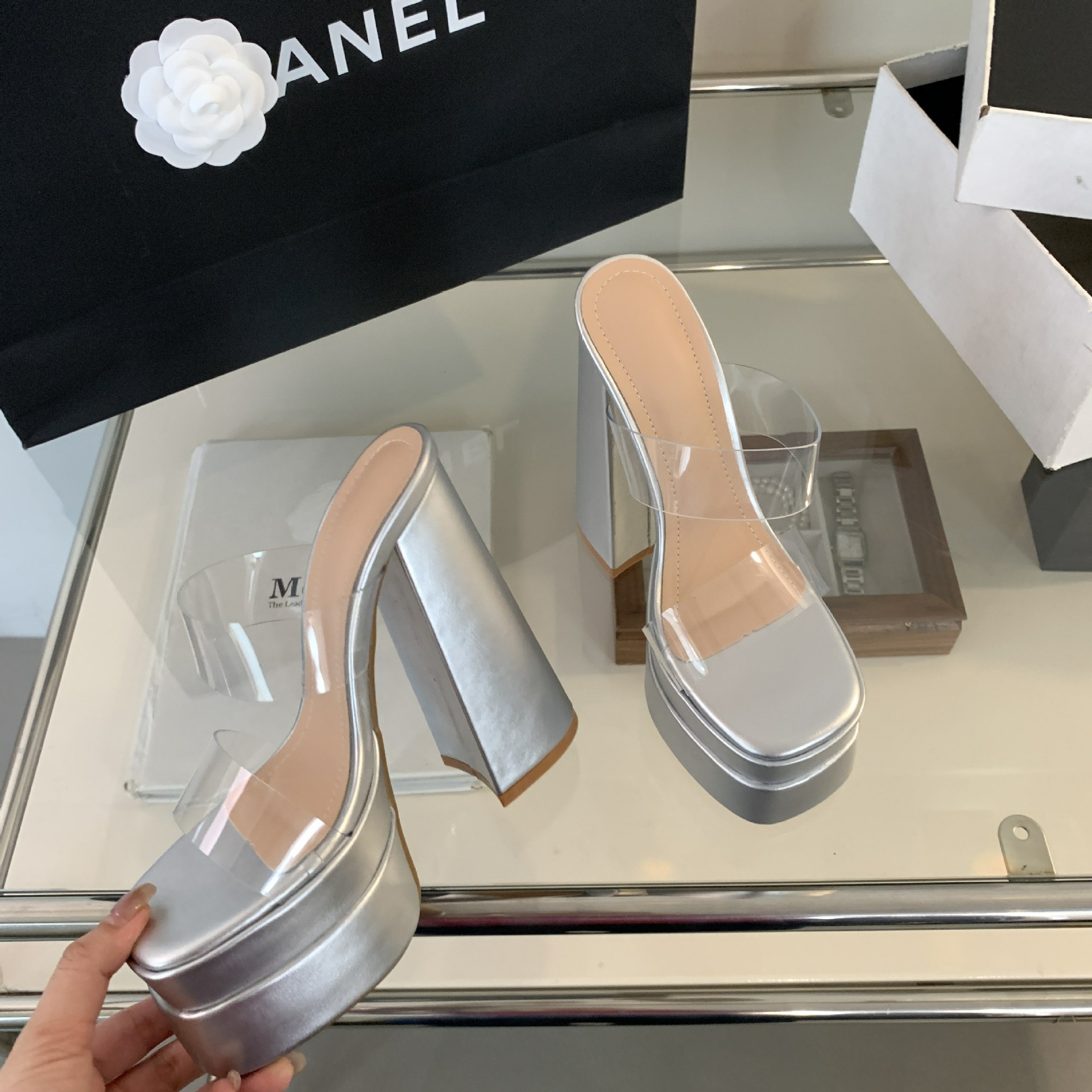 Sandal cao gót nữ hở mũi đế dày trong suốt đính đá rhinestone gót 15 cm — Màu đen chi tiết 12