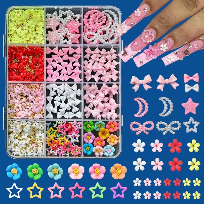 12-Piece 3D Resin Hollow Five-Pointed Star and Moon Decorations, Nail Rhinestones, Bowknots, Colorful Flowers, Nail Art Accessories