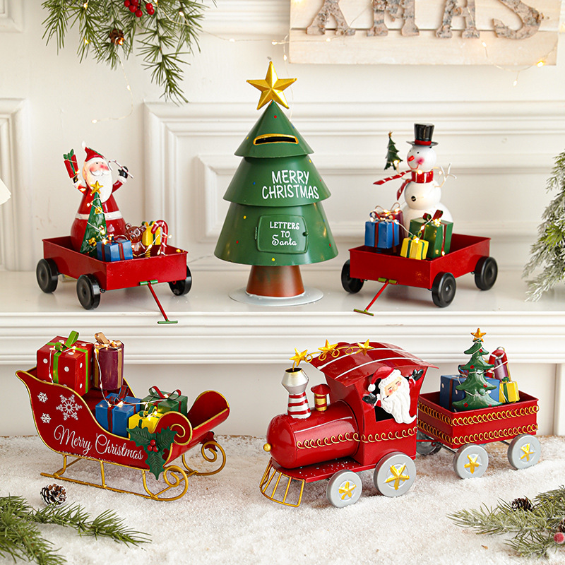 Navidad transfronteriza tren tren tren tren de hierro tirando viejos muñecos de nieve hierro forjado decoración de Navidad regalo para niños decoración de mesa