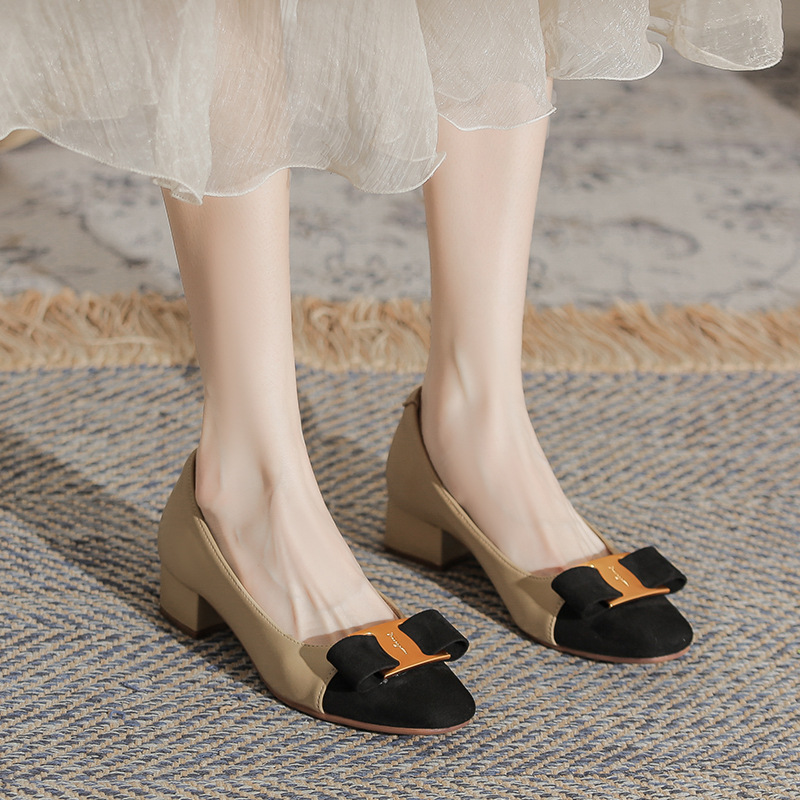羊皮拼色小香风粗跟单鞋女春秋2024新款凉鞋中跟瓢鞋法式高跟鞋子