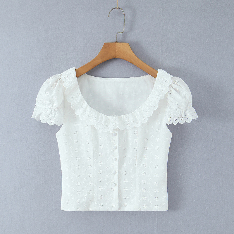 9895-26 Spring Style European and American Slim Fit Large U-Neck Single-Breasted Waist-Cinching Short Cropped Lace Shirt Cardigan 9895-26 Spring Style European and American Slim Fit Large U-Neck Single-Breasted Waist-Cinching Short Cropped Lace Shirt Cardigan