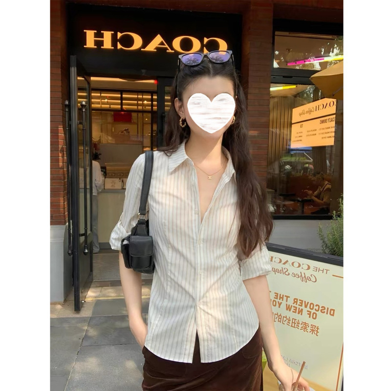 Pusmuede Intellectual Roaming Salt Style Striped Lapel Shirt Women's Long Sleeve Shirt Elegant Slim Fit Layered Top