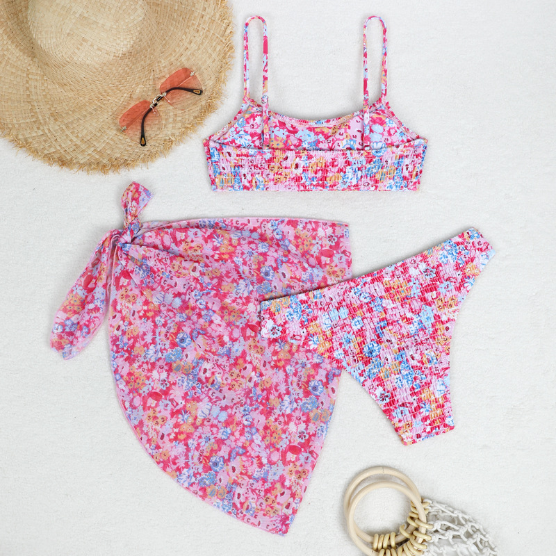 Women's Split Bikini Three-piece Swimsuit Floral Beach Wrap Set_voghion.com