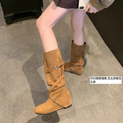 内增高长筒靴女2025新款秋季复古百搭堆堆靴皮带扣显瘦高筒骑士靴