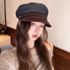 日系复古马术帽牛仔女春秋季拼色平顶八角帽显脸小水洗鸭舌帽子潮