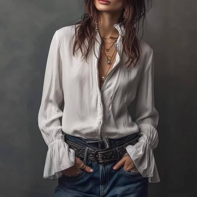 Women's Casual Fashion Long Sleeve Zip up Top round Neck Solid Color Loose Fitting Shirt Style Versatile Blouse for Spring/Autumn_ecoleips.com