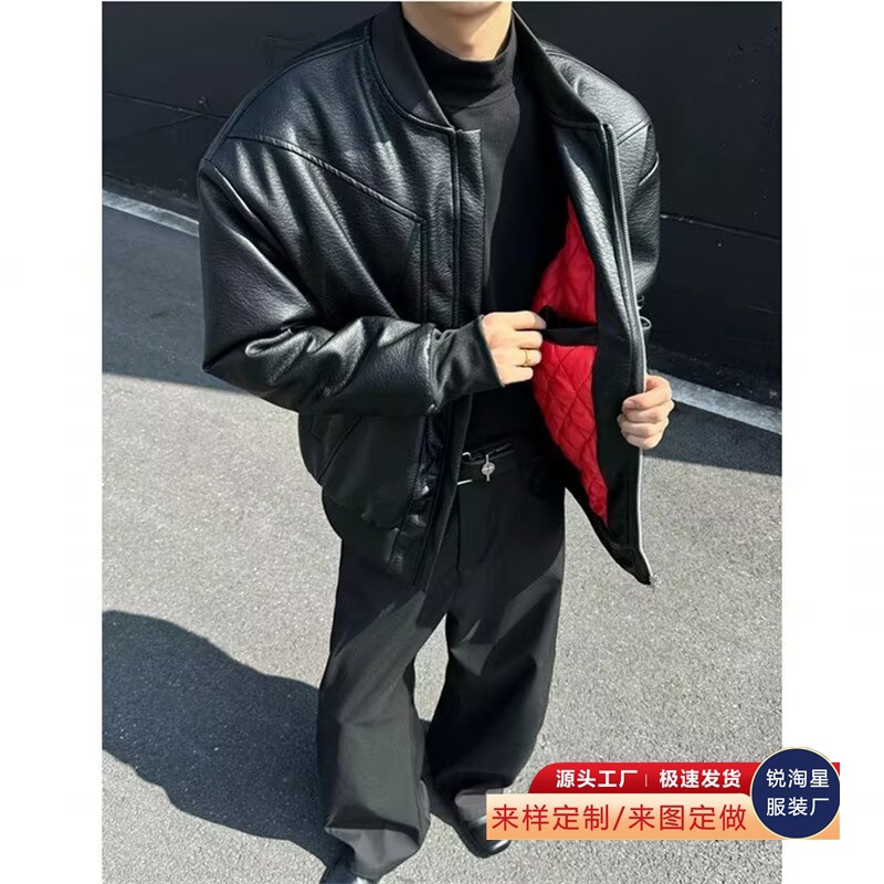 黑色boxy廓形立领皮棉衣男秋冬bomber棒球领棉服酷帅机车外套棕色