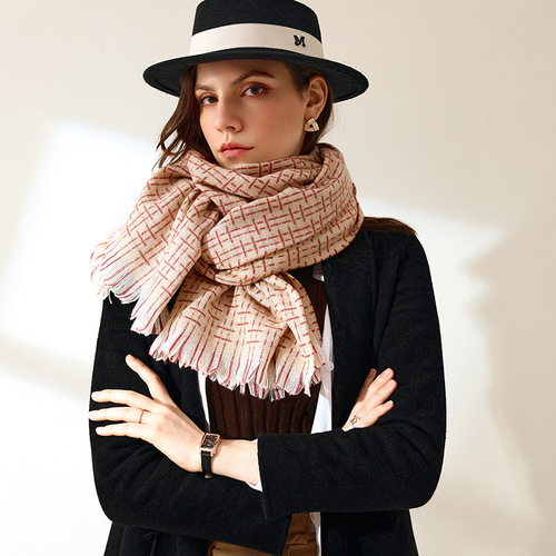 Women's  New Light Color Striped Checkered Fringe Winter Fresh Scarf Sweet Fake Cashmere Scarf Available for Wholesale
