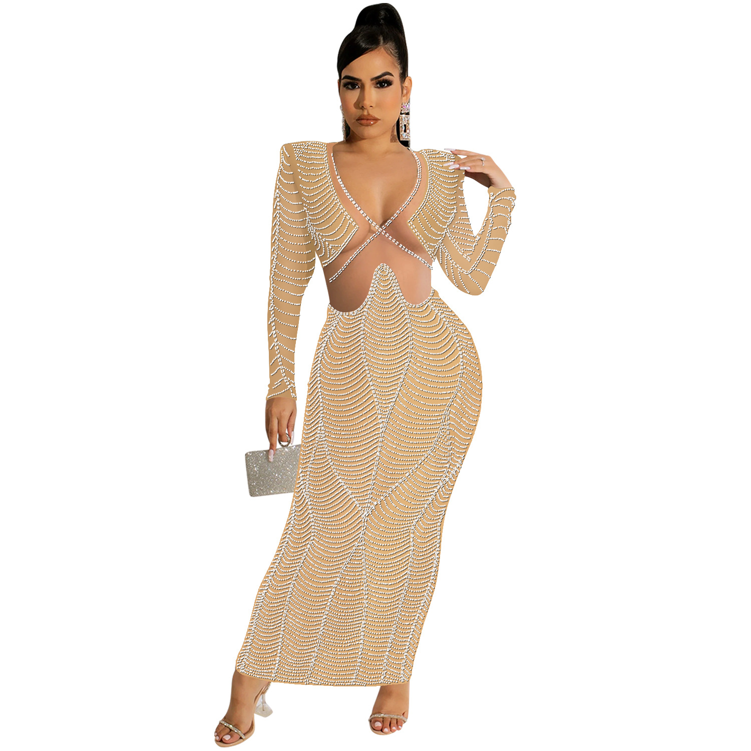 C5912 AliExpress Amazon Europa y América sexy discoteca rhinestone malla perspectiva V-cuello Vestido de manga larga vestido mujeres