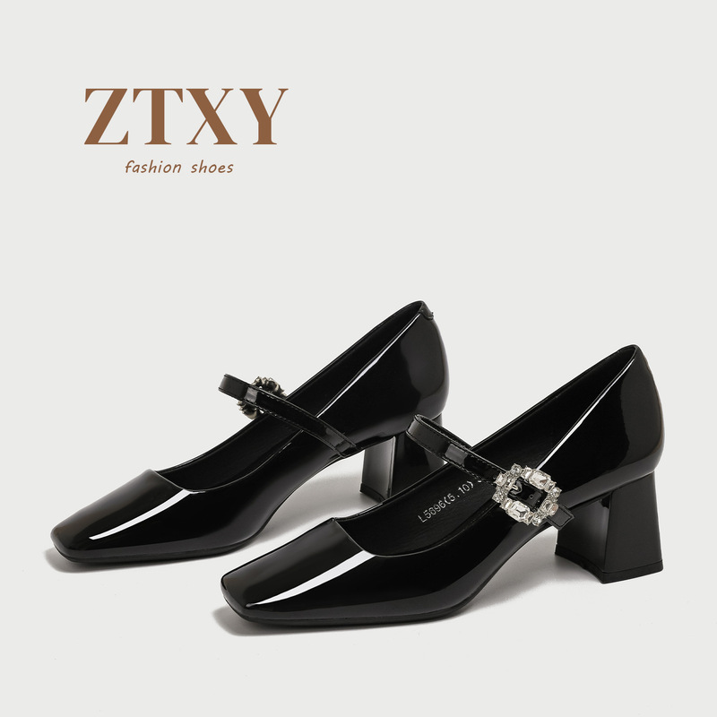 Academy-style Mary Jane high-heeled shoes for women, autumn French black patent leather square-toed strap shoes to match skirts, chunky heel single shoes