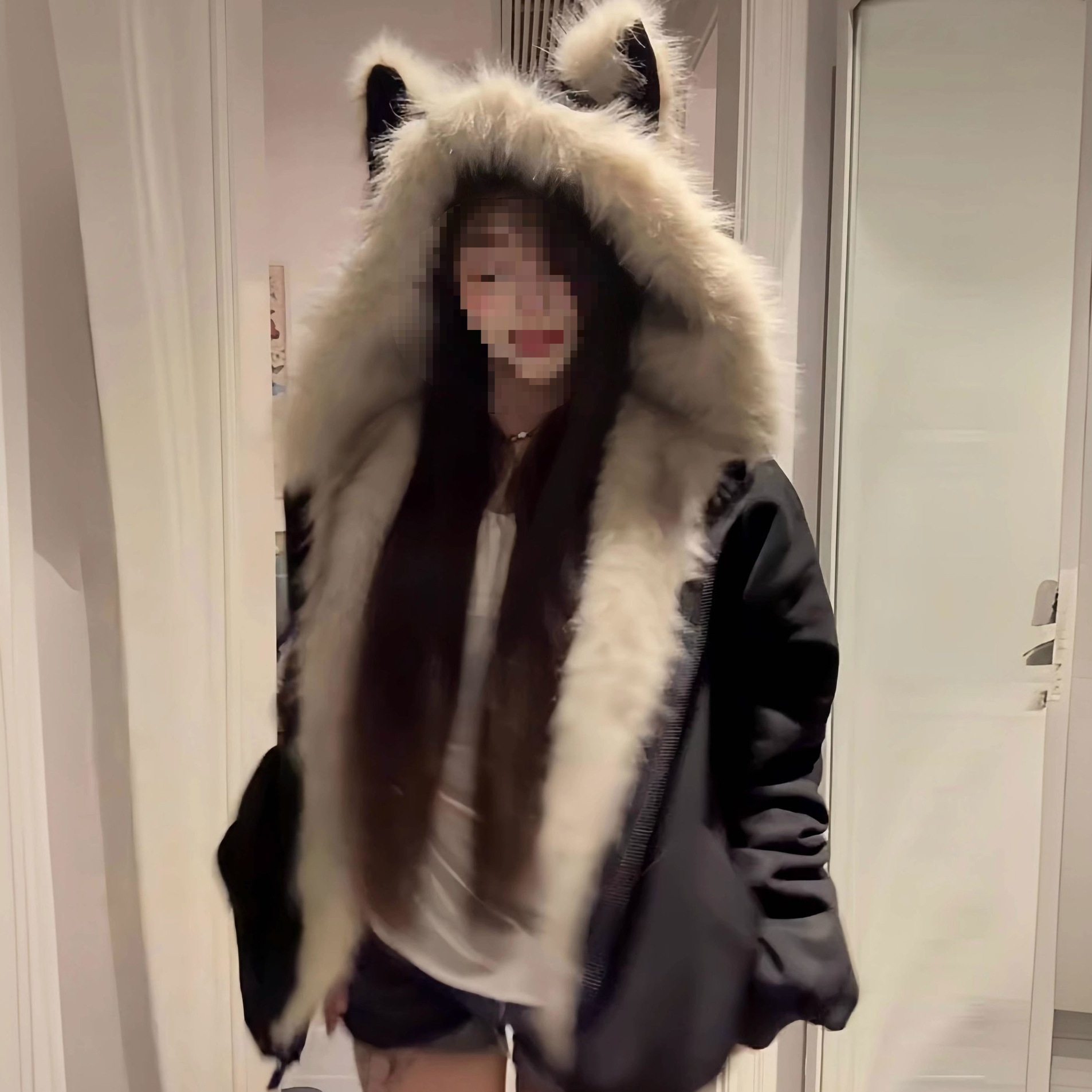 跨境黑色毛毛领夹棉座山雕猫耳朵外套男女秋冬季加厚情侣装棉衣棉