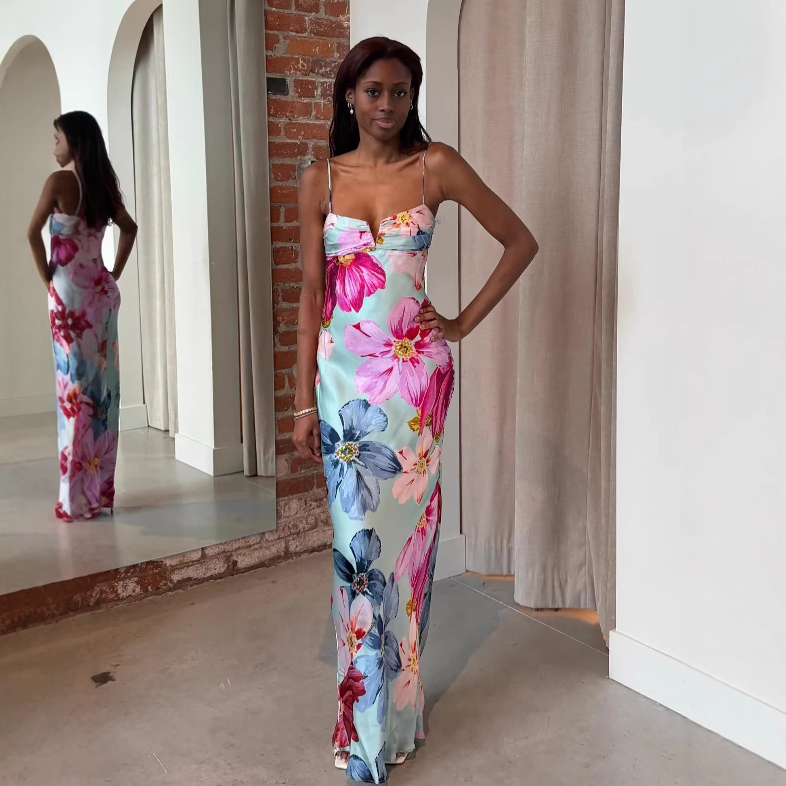 Women's Off-Shoulder Floral Print Dress Spaghetti Strap Bodycon Long Casual Elegant White Slim Fit_ecoleips.com