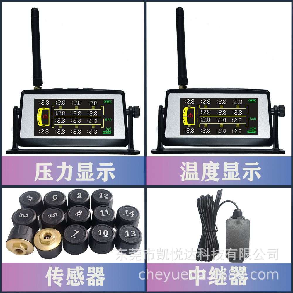 Truck Tire Pressure Monitoring System Tire Pressure Detector 14-Wheel Dedicated Solar-Powered External Sensor Tire Pressure Digital Display