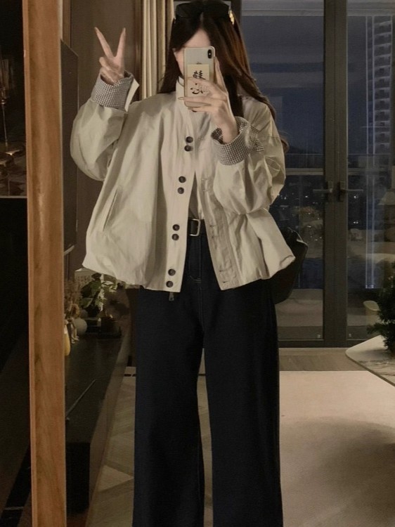 早秋韩系花苞立领外套女款秋季新款巨好看的宽松工装短款风衣夹克|undefined
