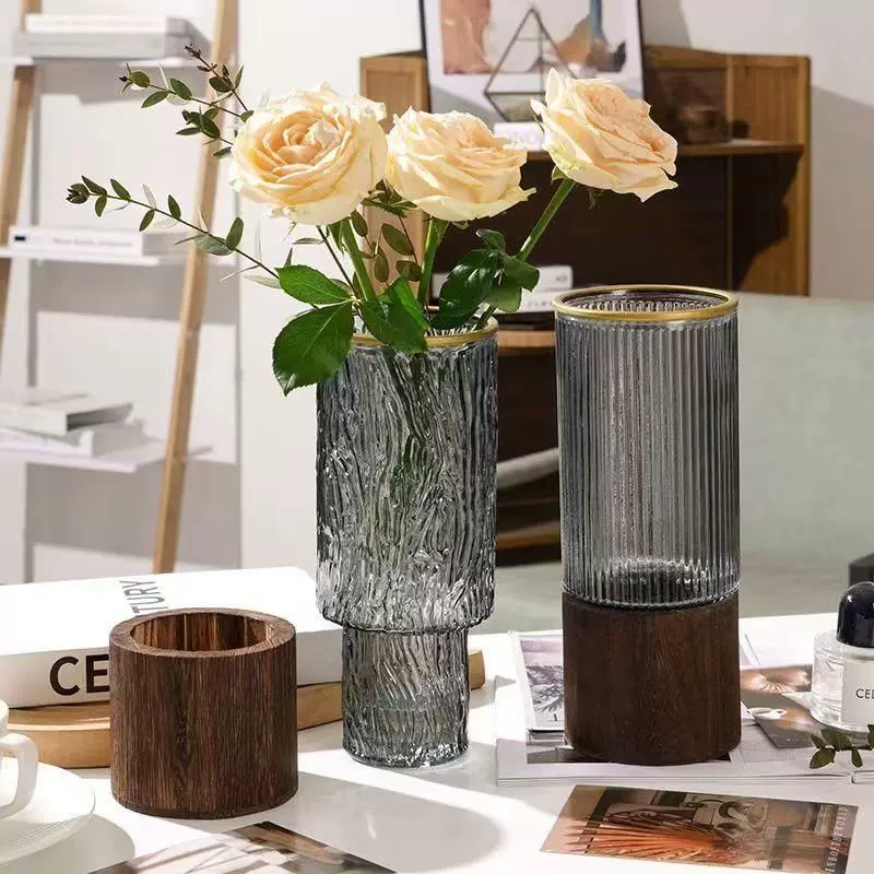 客厅装饰摆件水培富贵竹大花瓶简约创意木托玻璃花瓶银柳插干花瓶