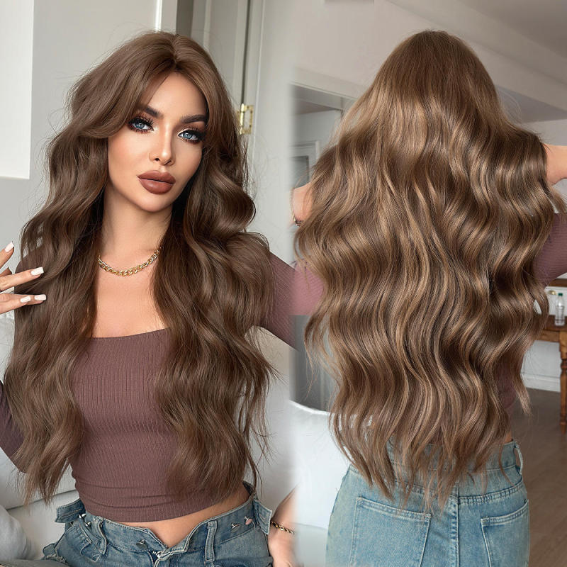 Factory Price Natural Long Curly Hair Wig with Middle Parting Bangs, Glue-Free Wig, High-Quality Synthetic Fiber Wig, Durable