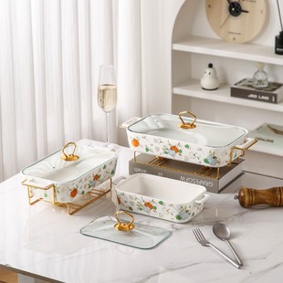 Cixiangjia Cross-Border Export Western-Style Set Ceramic Tableware Creative Pattern Double-Eared Baking Pan with Lid Hotel Restaurant Plate