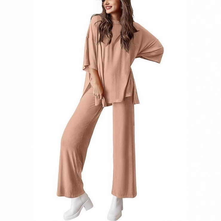 2025 Cross-Border European and American Foreign Trade Amazon Temu Round-Neck Loose Wide-Leg Pants Women's Suit Petite Set