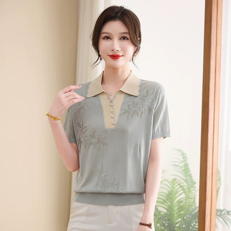 Новая мама летняя футболка с лацканом и коротким рукавом 2025 новый средний и пожилой женский вязаный топ