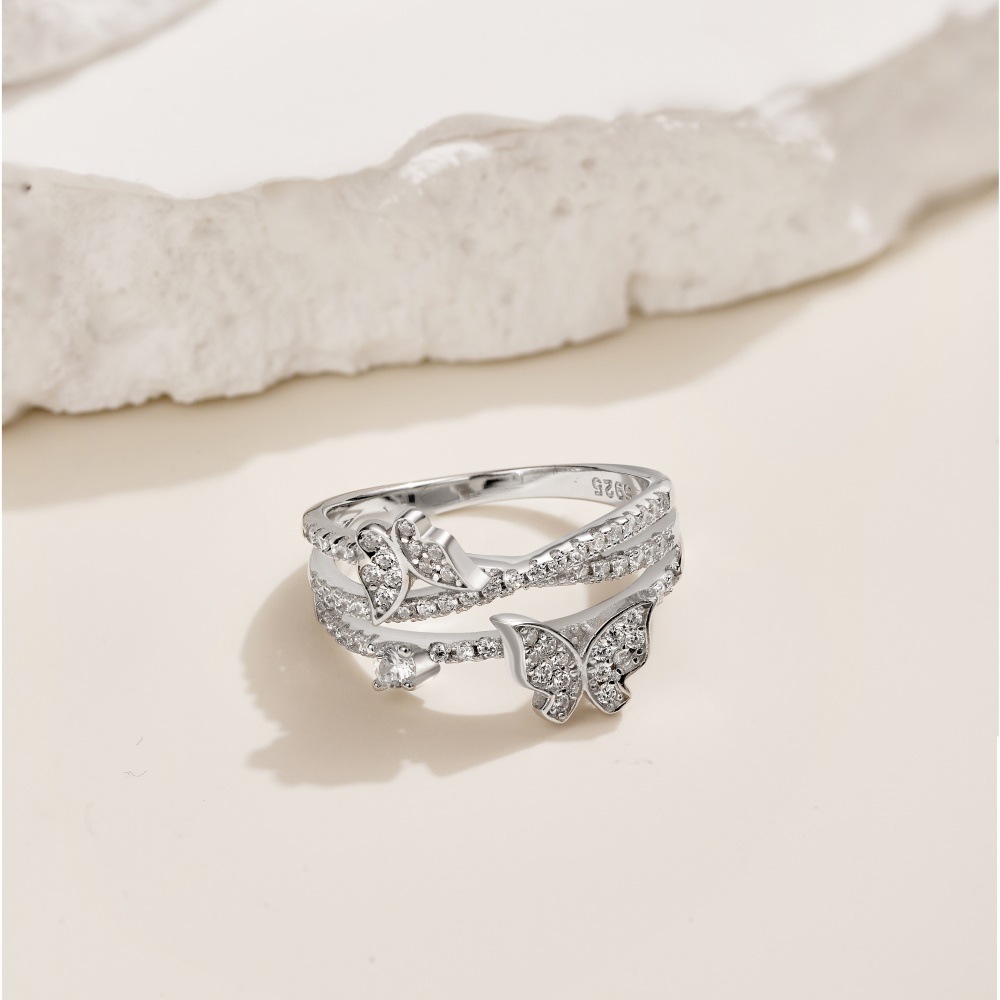 5g Weight Zircon Inlay Material Open Rings, Rings Classification 6, 9, Adjustable Ring Size 1 Piece Quantity Daily, Tea Party Occasion 925 Sterling Silver Material Butterfly Pattern Women's Gender Inlay Design Sweet, Shiny Style 925 Sterling Silver Zircon Butterfly Open Rings Rings 24