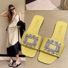 夏季外穿拖鞋女2023新款閃鑽方扣時尚涼拖鞋女粗跟低跟一字拖大碼