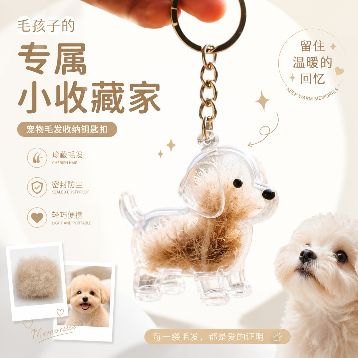 Colgante de pelo de mascota lindo cabello de cachorro caja de almacenamiento transparente para gatos y perros forma colgante creativo llavero
