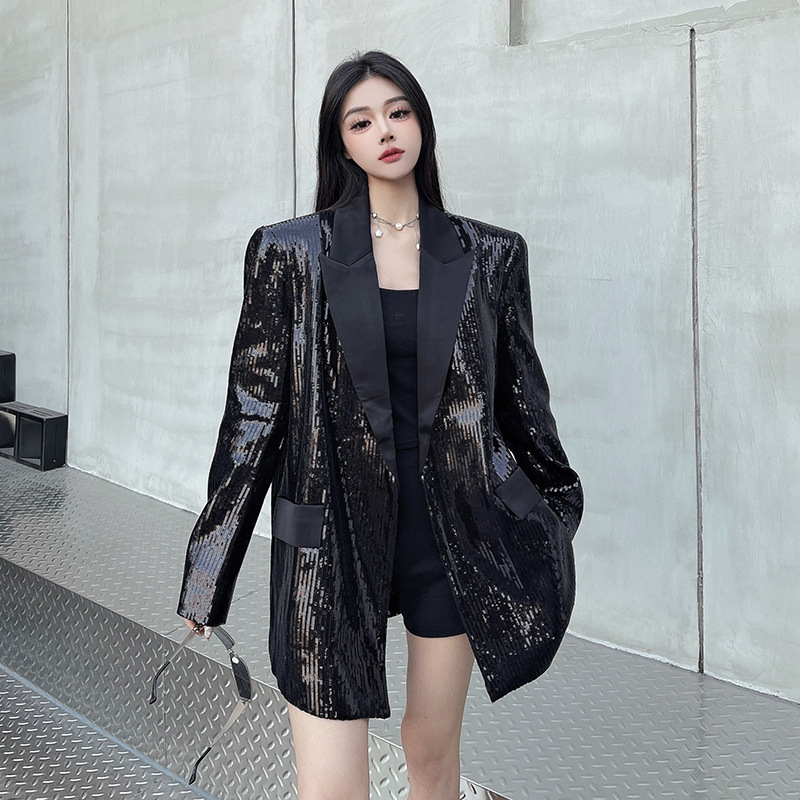Design Niche Black Sequin Suit Jacket 2025 Spring New Loose Suit Top Versatile
