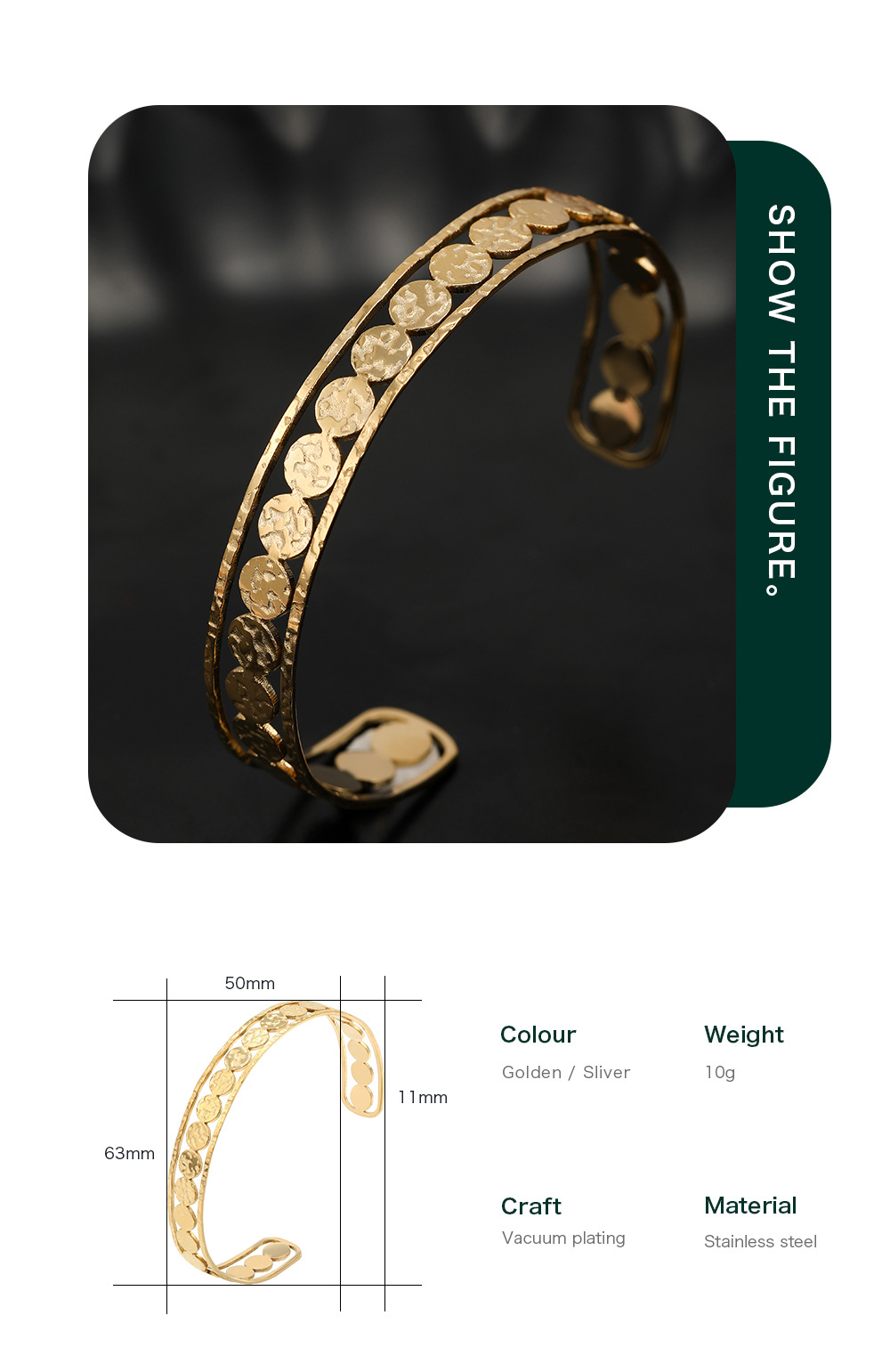 Real Gold Plated Plating Material Bangle Classification Vacuum Plating Real Gold Plated C Shape 304 Stainless Steel Fashion Waterproof Non Tarnish Bangle
