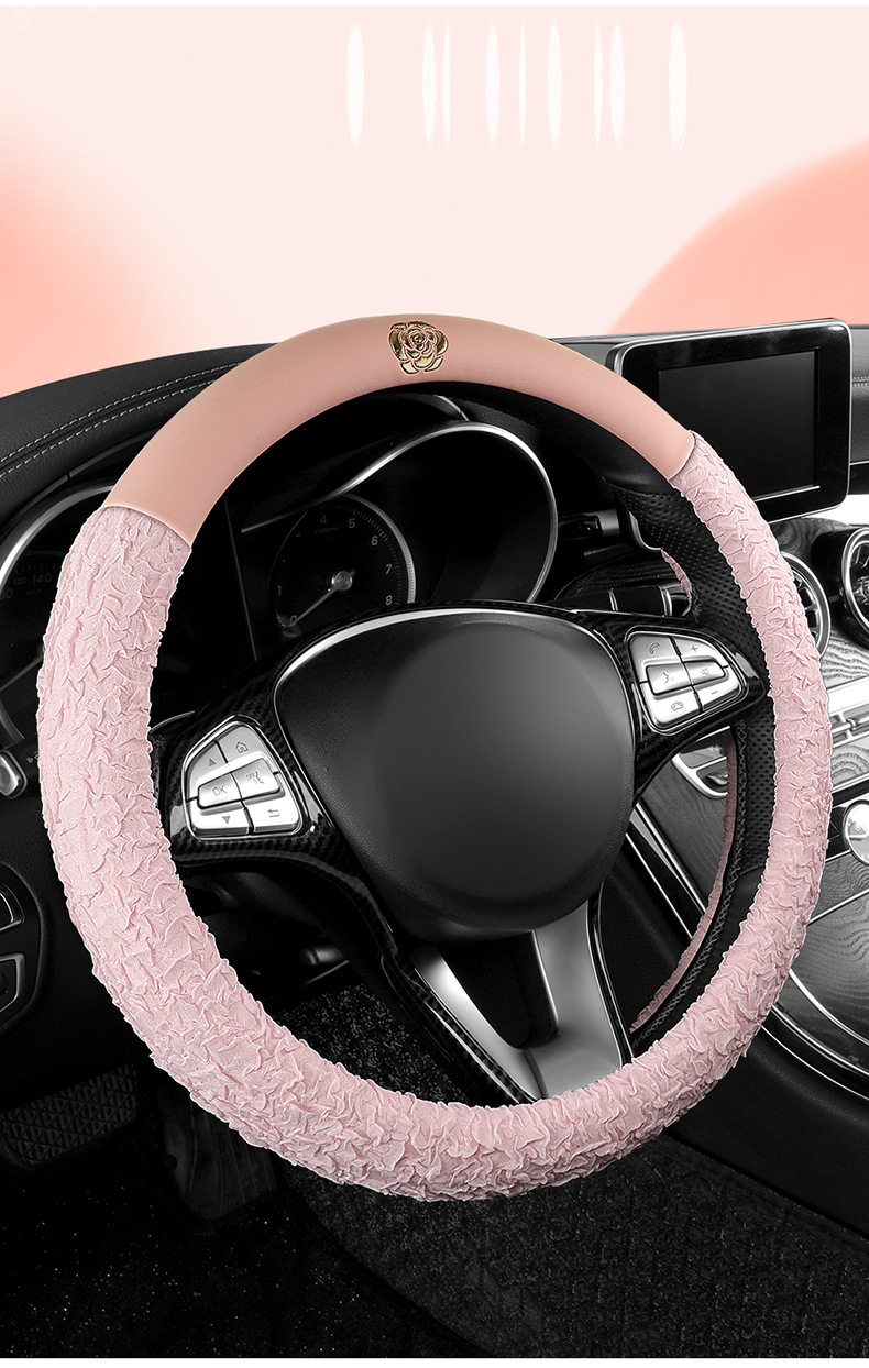 New All-Season Camellia Car Steering Wheel Cover, Delicate, Breathable and Wear-Resistant Pebbled Leather Soft Handle Cover
