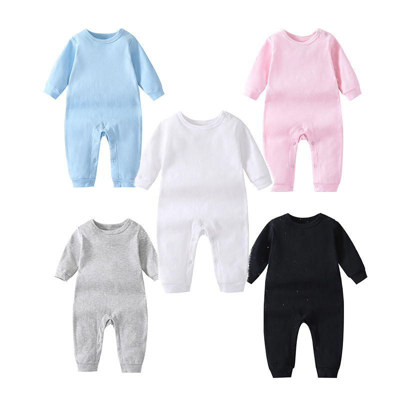 Spring and Autumn Infant Solid Color Shoulder-Button Long-Sleeve Romper, Unisex Baby Cotton One-Piece Crawling Suit, Baby Long Crawling Suit with Printable Design