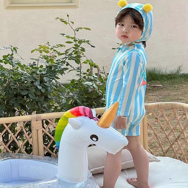 夏季儿童长袖防晒泳衣ins 条纹连体泳装男宝宝海边游泳速干衣潮6|undefined