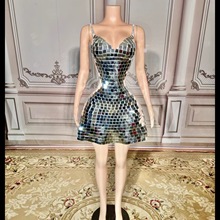 跨境外贸欧美镜片吊带连衣裙可调肩带收腰派对车模走秀连衣裙