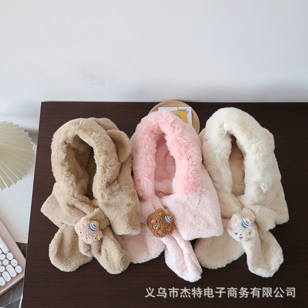 Demi-season cartoon children's hat, keep warm scarf, velvet cap for men and women, with little bears