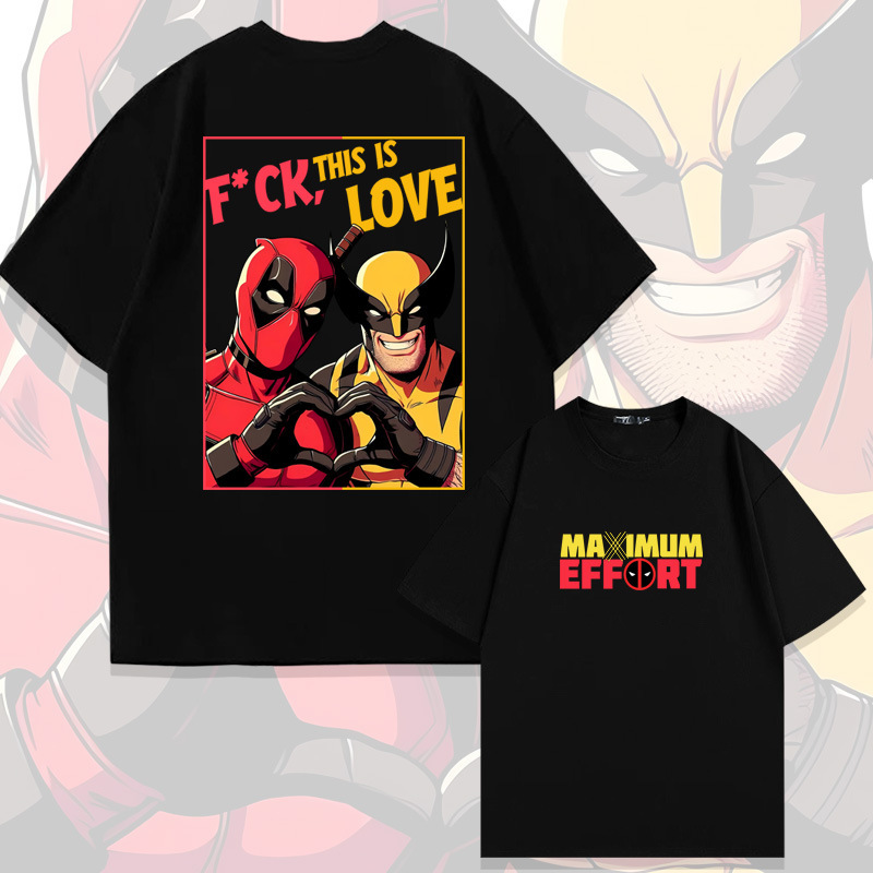 Marvel Animation Deadpool and Wolverine Cotton Short-sleeved T-shirt Men's and Women's Summer Fashion Brand Loose Shoulder Half-sleeved Clothes Marvel Animation Deadpool and Wolverine Cotton Short-sleeved T-shirt Men's and Women's Summer Fashion Brand Loose Shoulder Half-sleeved Clothes