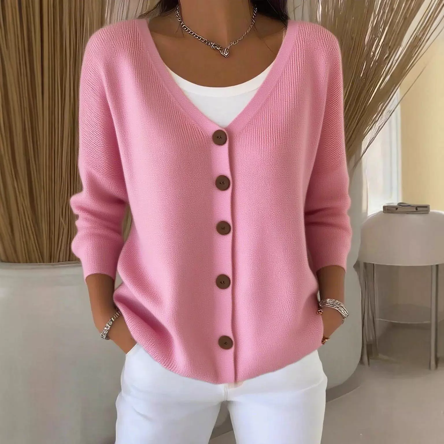 跨境外贸欧美风秋冬季新款针织开衫女纯色休闲时尚毛衣外套女开衫