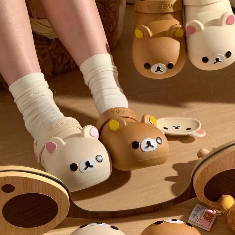 2025 Japanese Cartoon Rilakkuma Croc Shoes Women's Summer Outerwear Beach Shoes Cartoon Cute Parent-Child Bear Slippers