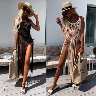 2023 European and American women's clothing Amazon hot sale sexy hand hook Hollow Sun Protection shirt sling long tassel beach blouse women