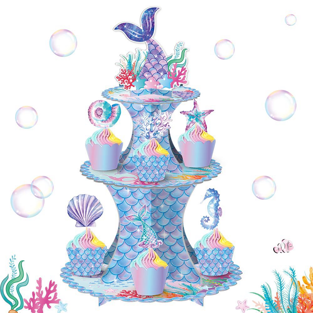 Nuevo producto transfronterizo: Soporte para pastel con temática de sirena para decoración de fiestas de cumpleaños, arreglo de mesa de postres, soporte para pastel de sirena