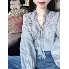 法式气质刺绣花朵设计感长袖衬衫女早秋宽松显瘦衬衣百搭上衣秋季
