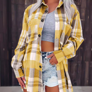 Cross-border Women's 2024shein Amazon temu Yellow Plaid Shirt Jacket Shirt Women's Blouse